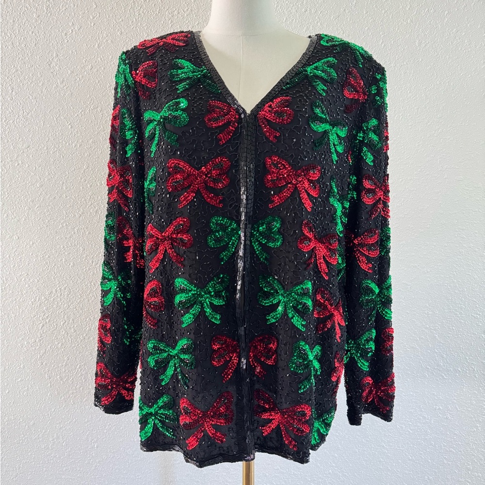Laurence Kazar Silk Beaded Sequin Christmas Bow Jacket Vintage 90s Holiday Large